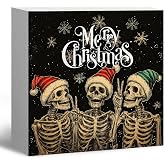 Gothic Christmas Decor, Funny Skeleton Santa Christmas Wooden Box Sign, FunnyChristmas Decorations, MerryChristmas Wood Signs for Home Office Desk Shelf Table Decor, 5x5 Inch