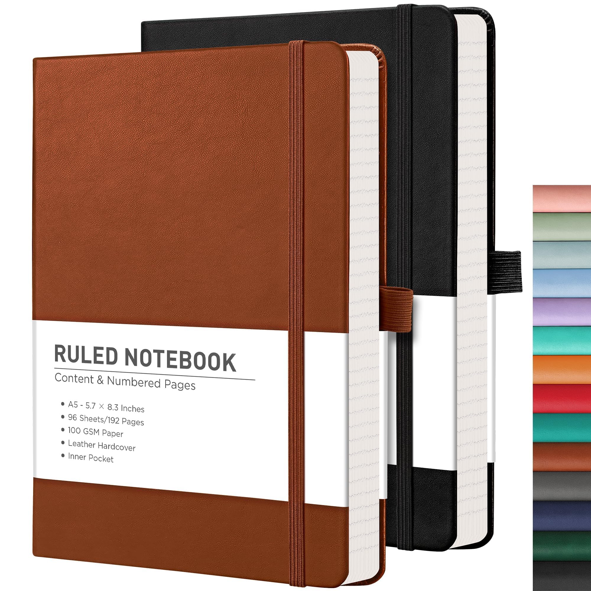 RETTACY Notepad A5 Lined 2 Pack - Leather Journal with 376 Numbered Ruled Pages, Hardcover Notebook,2 Free Sticky Notes Divider,8 Perforated Sheets, Pen Loop, Inner Pocket, 14.5 x 21cm（Black Brown）
