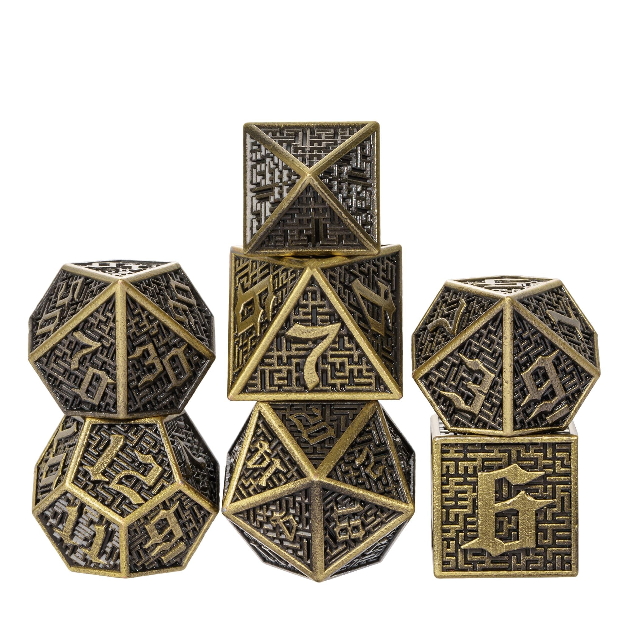 Cusdie Metal Dice Set, 7 Pcs DND Metal Dice, Maze Design Polyhedral Dice Set, for Role Playing Game D&D Dice (Ancient Bronze) — image 1