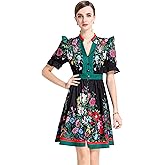 LAI MENG FIVE CATS Women's Button Up Short Puff Sleeve V-Neck Floral Print Split Casual Mini Dress