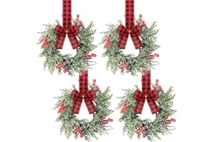 4PCS Mini Christmas Wreaths with Bows - 9Inch Small Cabinet Wreaths for Kitchen Artificial Snowy Cedar Wreath with Red and Bl