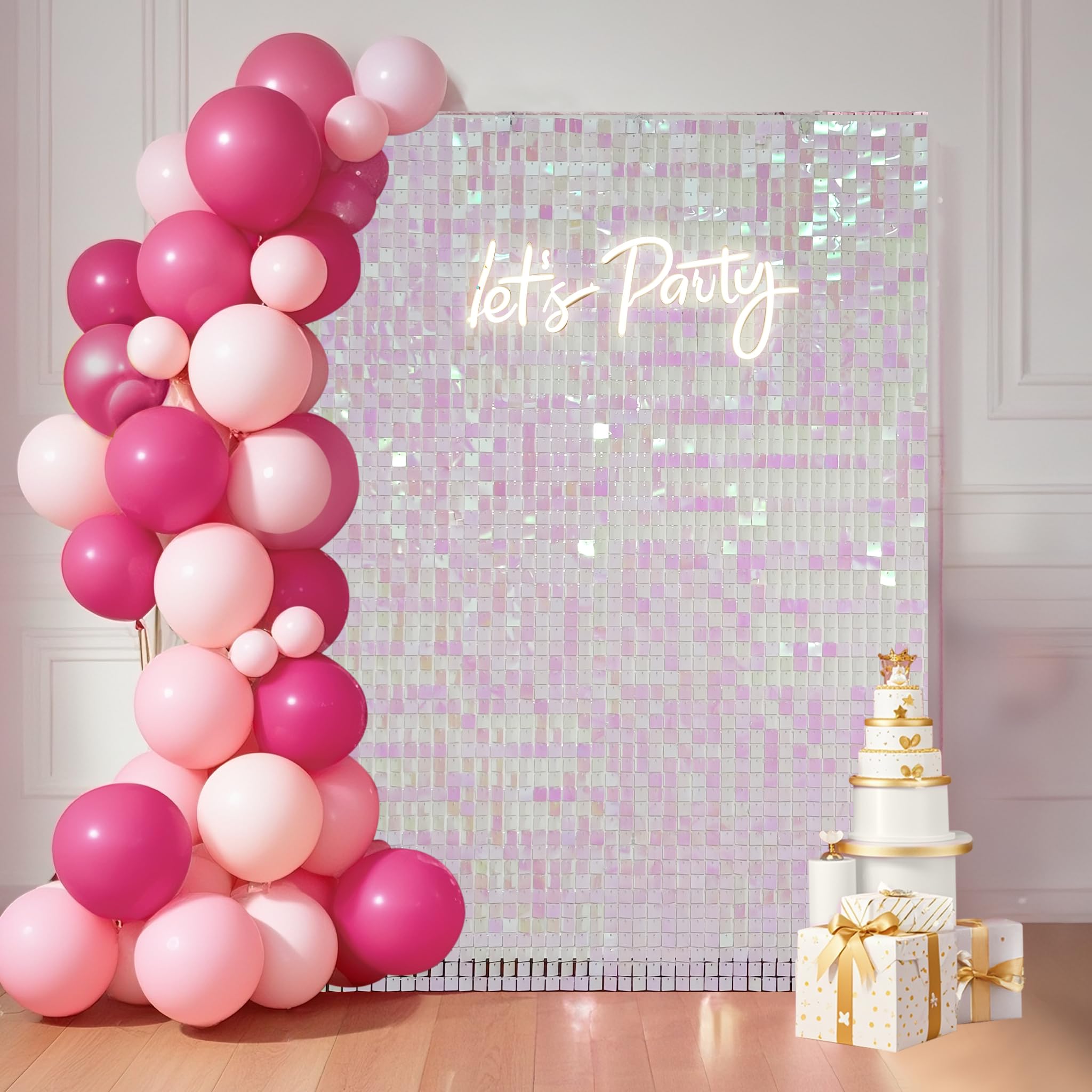 Photo 1 of Ozikutech 24 Pcs Pink Iridescent Shimmer Wall Backdrop Panels for Party Decoration - 6 x 4 FT Square Sequin Backdrop for Graduation Girls Women Birthday Home Decor