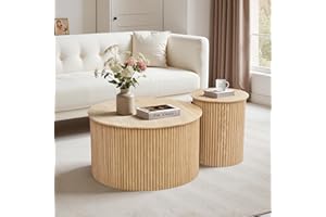 RUSTYER Fluted Round Nesting Coffee Table Set of 2, Mid Century Modern Wood Coffee Table and End Table Set, Minimalist Center Tables Circle Side Table for Living Room, Office(Natural)