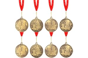 Huquary 8 Pack Christmas Medals Award Bulk 2" Metal Gold Christmas Trophy Santa Reindeer Snowman Tree Contest Award Medals with Ribbon for Xmas Party Ornament Favor Gift Prize, 4 Styles