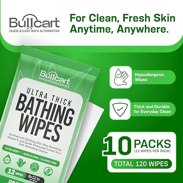 XL BATHING WIPES – BODY WIPES FOR ADULTS BATHING NO RINSE – 10 PACK, 120 WIPES – DISPOSABLE CLEANSING CLOTHS FOR WOMEN, MEN & ELDERLY – W/ALOE – SHOWER WIPES – CAMPING & TRAVEL ESSENTIALS