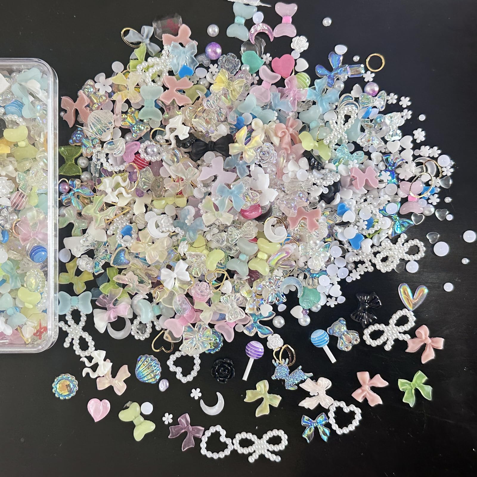 3D Nail Charms, 400 Pcs Multi Shapes Lollipop Butterfly Flower Bear Bow Heart Nail Art Charms Nail Rhinestones Gems Nail Pearls for Nail Art Decoration Jewelry Accessories DIY Crafts (Multi-colored A) — image 1