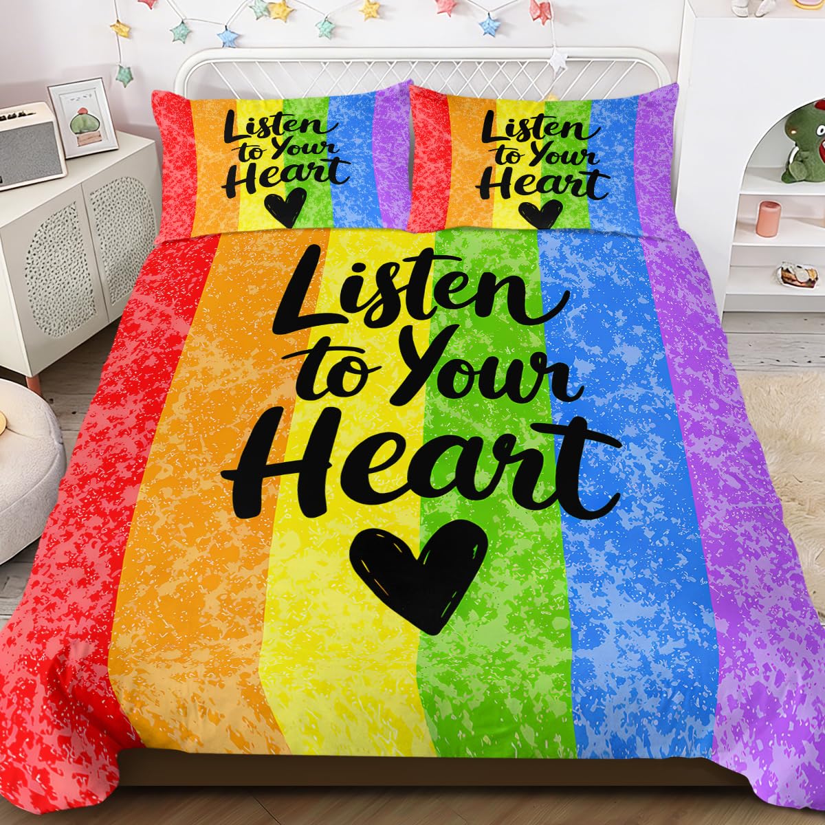 BlessLiving Brushed Rainbow Watercolor Striped Bedding Set 3 Piece Follow Your Heart Equality Love Duvet Cover Striped Hippie Bedspreads Single Size