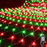 WATERGLIDE Outdoor Christmas Net Lights, 12FT x 5FT 360 LED Mesh String Light with 8 Lighting Mode, Connectable Waterproof Lights for Garden Tree Bushes, Holiday Wedding Party Decoration, Red &amp; Green