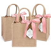 Cute Leaf 6 Pack Burlap Tote Bags with Handles Reusable Small Jute Gift Bags with Pink Silk Ribbons Waterproof Lining for Wedding Bridesmaid Mother's Day Bachelorette Beach Party
