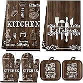 Leinuosen 6 Kitchen Towels Sets Kitchen Accessories Set with Oven Mitts and Pot Holders Farmhouse Oven Glove Decor for Cooking Baking Grilling Supplies(Brown,Grain)