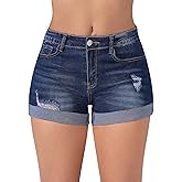 Queenwin Women's Ripped Mid Rise Denim Shorts Stretchy Cuffed Hem Jeans Shorts