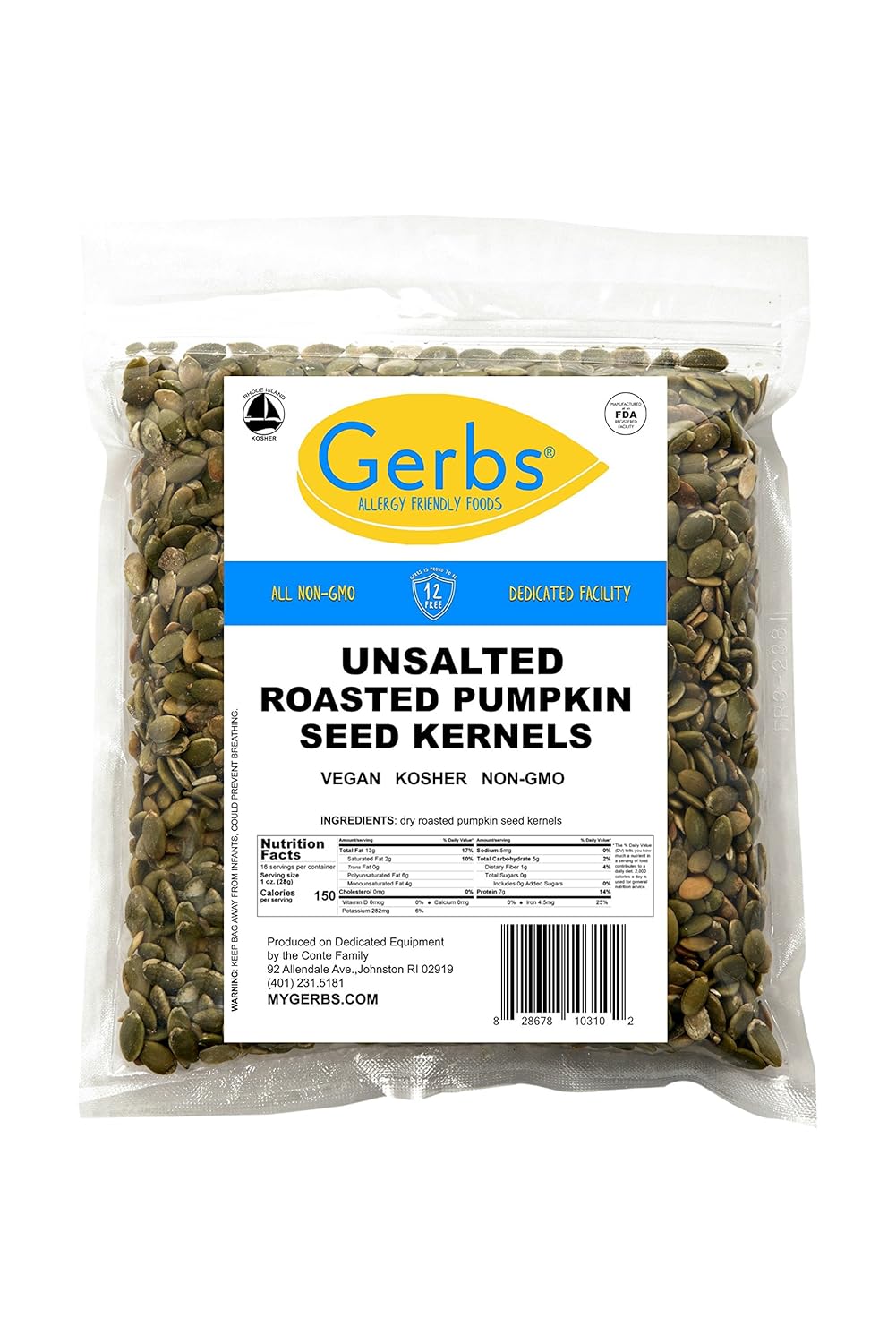 Gerbs Unsalted Roasted Pumpkin Seed Kernels, 1 LB Re-Closeable Bag, Top 14 Food Allergy Free & NON GMO, Keto & Paleo Friendly