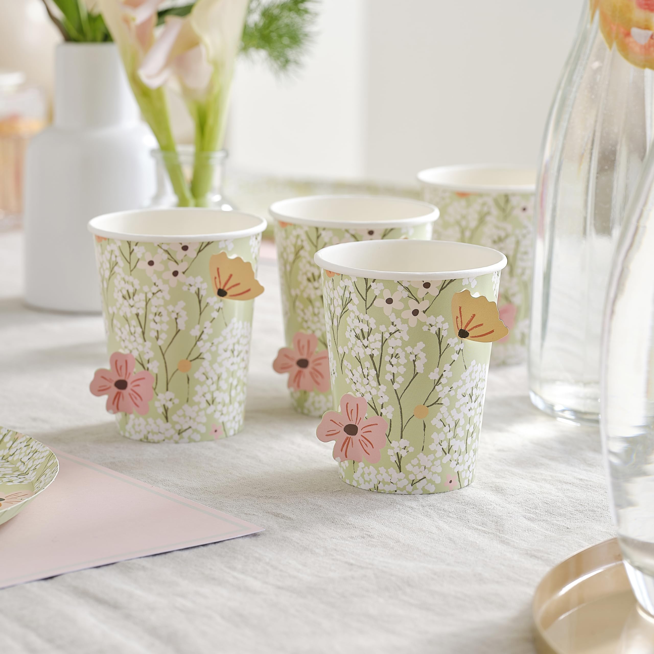 Ginger Ray Floral Printed Paper Party Cups with Pop Out Flowers Baby Shower Tableware 8 Pack