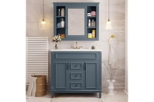 Merax 36” Bathroom Vanity with Sink, 36 inch Bathroom Vanity Storage Cabinet with Matching Mirror Medicine Cabinet, Ceramic Sink Top, Solid Wood Frame, Painted Finish