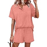 WIHOLL 2 Piece Sets for Women Lounge Sets Summer Outfits 2026 Button Down Short Sleeve Tops and Shorts Set with Pockets