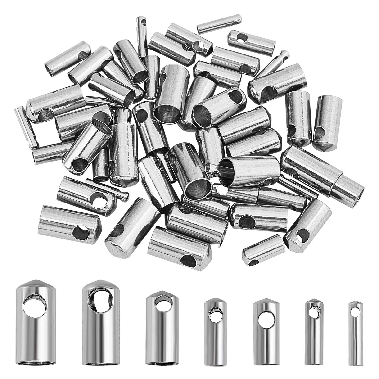 UNICRAFTALE about 70pcs 7 Sizes Column Cord Ends 304 Stainless Steel End Caps 1-4mm Tube Leather Cord Ends Vacuum Plating Cord Terminators for DIY Jewelry Making Stainless Steel Color