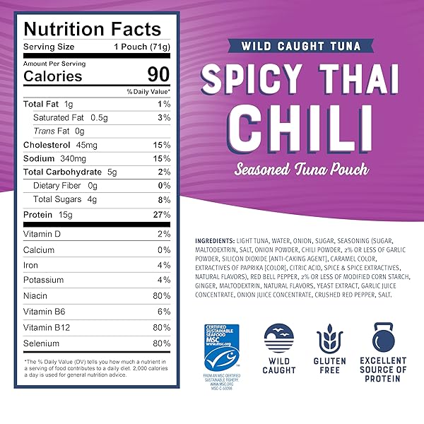 BUMBLE BEE SPICY THAI CHILI SEASONED TUNA POUCH – WILD CAUGHT AND READY TO EAT FOR SNACK, SALAD, KOREAN TUNA BOWL – 15G PROTEIN PER SERVING – PERFECT, PORTABLE, GOODNESS – 2.5 OZ PACKET (PACK OF 1)