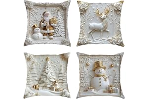 DESIHOM Santa Throw Pillow Covers Set of 4, Christmas Festive Snow Man Reindeer Xmas White with Hidden Zipper Cover Decorative Pillows for Home Bedroom Living Room Sofa Couch Decor 24x24 Inch