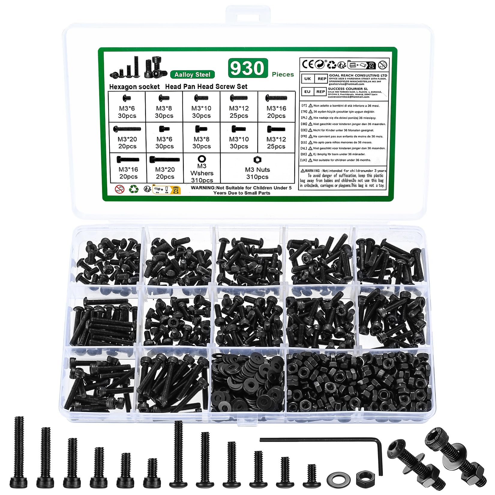930 Pcs M3 Bolts and Nuts Set with Washers, Hex Socket Head Cap Screws Bolt Set & Hex Socket Button Head Cap Screw, Small Pan head Machine screws bolts, 12.9 Grade/10.9 Grade Carbon Steel, Black