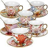 Qetoosur Tea Cups and Saucers Set of 6, 8 OZ Ceramic Tea Cups with Saucers Vintage Floral Tea Cup Set for Cappuccino, Macchiato, Afternoon Tea Birthday Party Supply Thanksgiving Day Halloween gifts