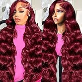 Lukymart 99J Burgundy Lace Front Wigs Human Hair 180 Density 13x6 HD Transparent Body Wave Lace Front Wigs Pre Plucked Red Burgundy Glueless Human Hair Wigs for Women 28 Inch
