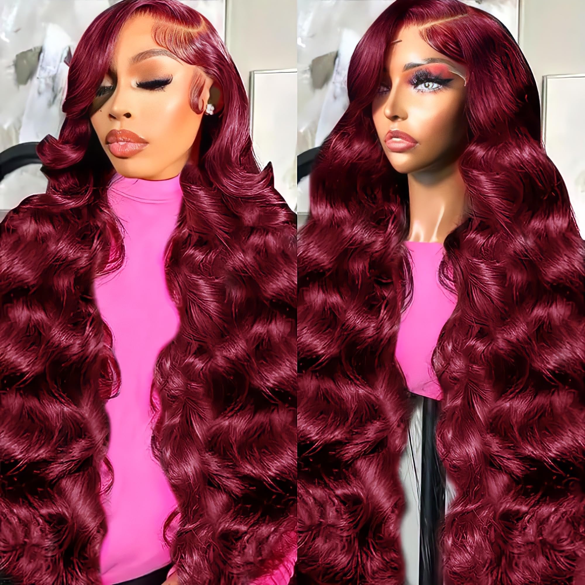 Photo 1 of Lukymart 99J Burgundy Lace Front Wigs Human Hair 180 Density 13x6 HD Transparent Body Wave Lace Front Wigs Pre Plucked Red Burgundy Glueless Human Hair Wigs for Women 28 Inch