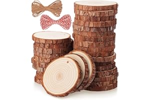 Fuyit Natural Wood Slices, 30 Pcs 3.1-3.5 Inch Unfinished Predrilled Wooden Circles Tree Slice with Hole for DIY Arts Craft Christmas Ornaments