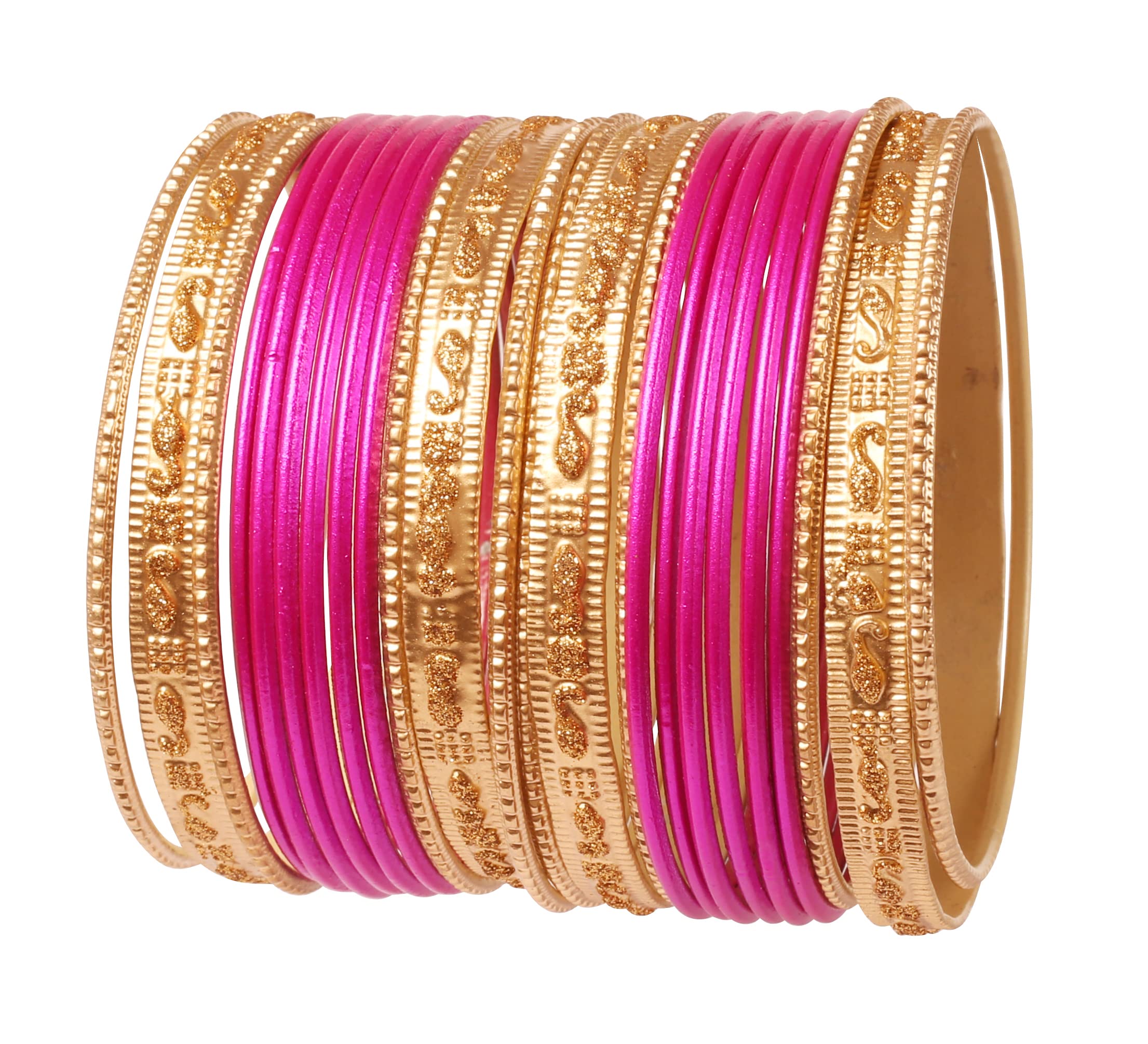 Touchstone New Indian Bollywood Colorful 2 Dozen Bangle Collection Golden Glitters Textured Fuchsia Color Large Size Designer Jewelry Special Bangle Bracelets Set of 24 in Gold Tone for Women.