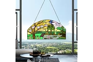 YOURANJU Half Moon Stained Glass Window Hanging Tiffany Style 16" x 8" Half-Round Window Panel Housewarming Gift Living Room Bedroom Kitchen Window Decorative Hangings with Chain (Tree)