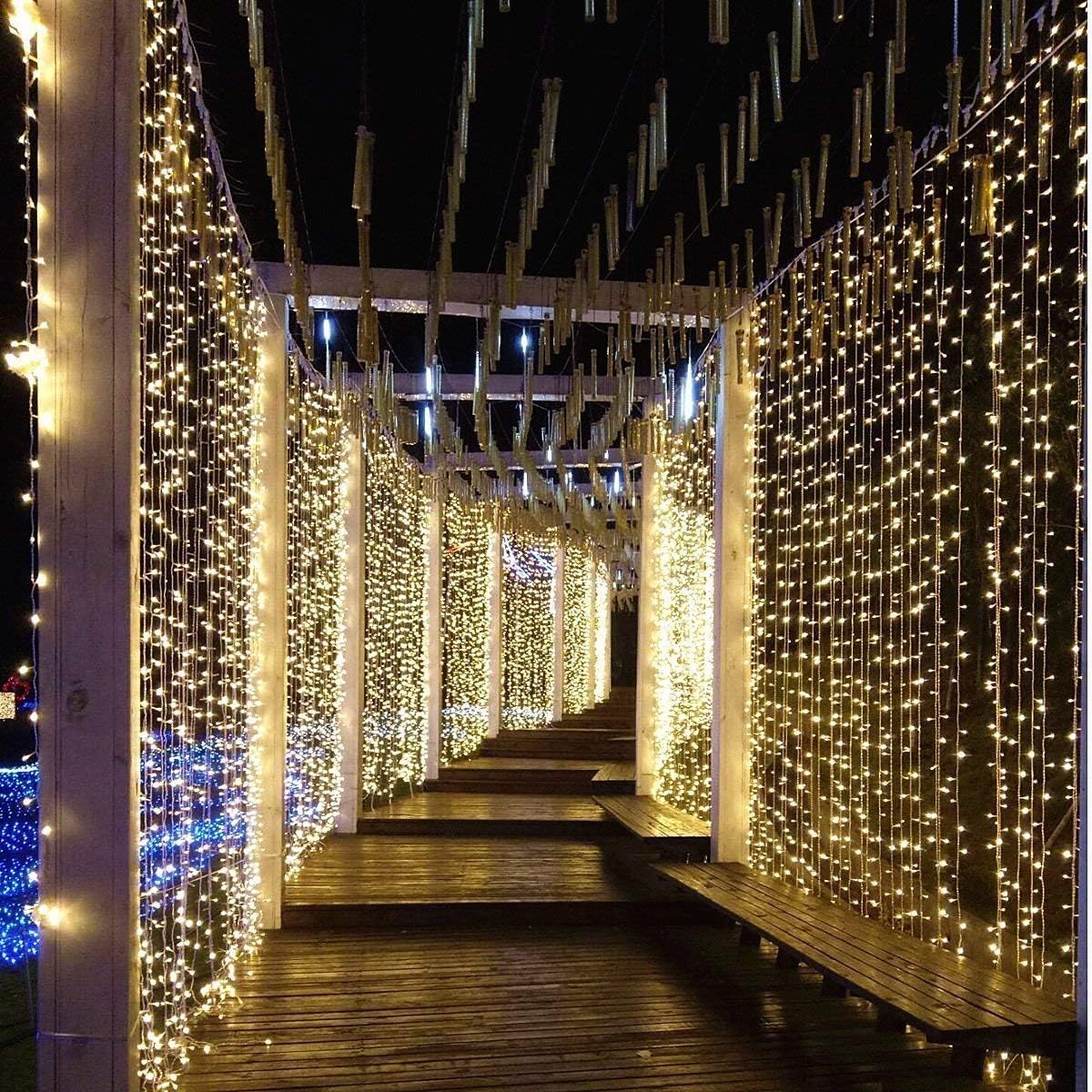 DLPIN 304 UL Safe 300 LED 9.8FT Linkable Curtain Icicle Fairy String Lights with 8 Modes for Christmas Wedding Party Family Patio Lawn Decoration, Warm White