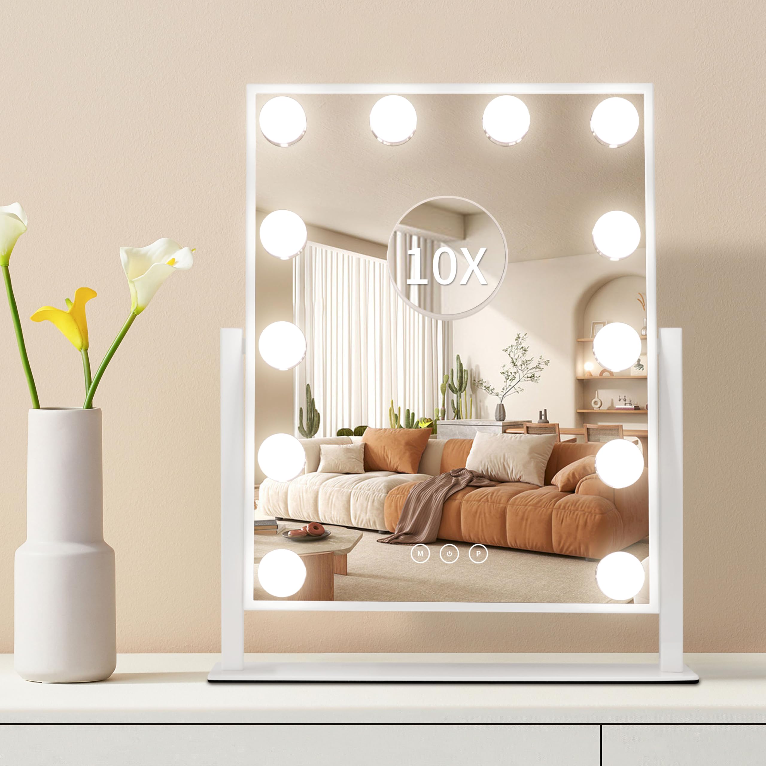 Vanity Makeup Mirror with Lights,3 Color Lighting Modes Detachable 10X Magnification Mirror Touch Control,360°Rotation, White (14.6Inch)