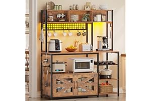 Itaar 47.2 Inch Bakers Rack with Power Outlet, Microwave Stand with Storage, Farmhouse Coffee Bar Cabinet Station with Wine Rack, Iron Mesh and 8-S Hooks (Rustic Brown)