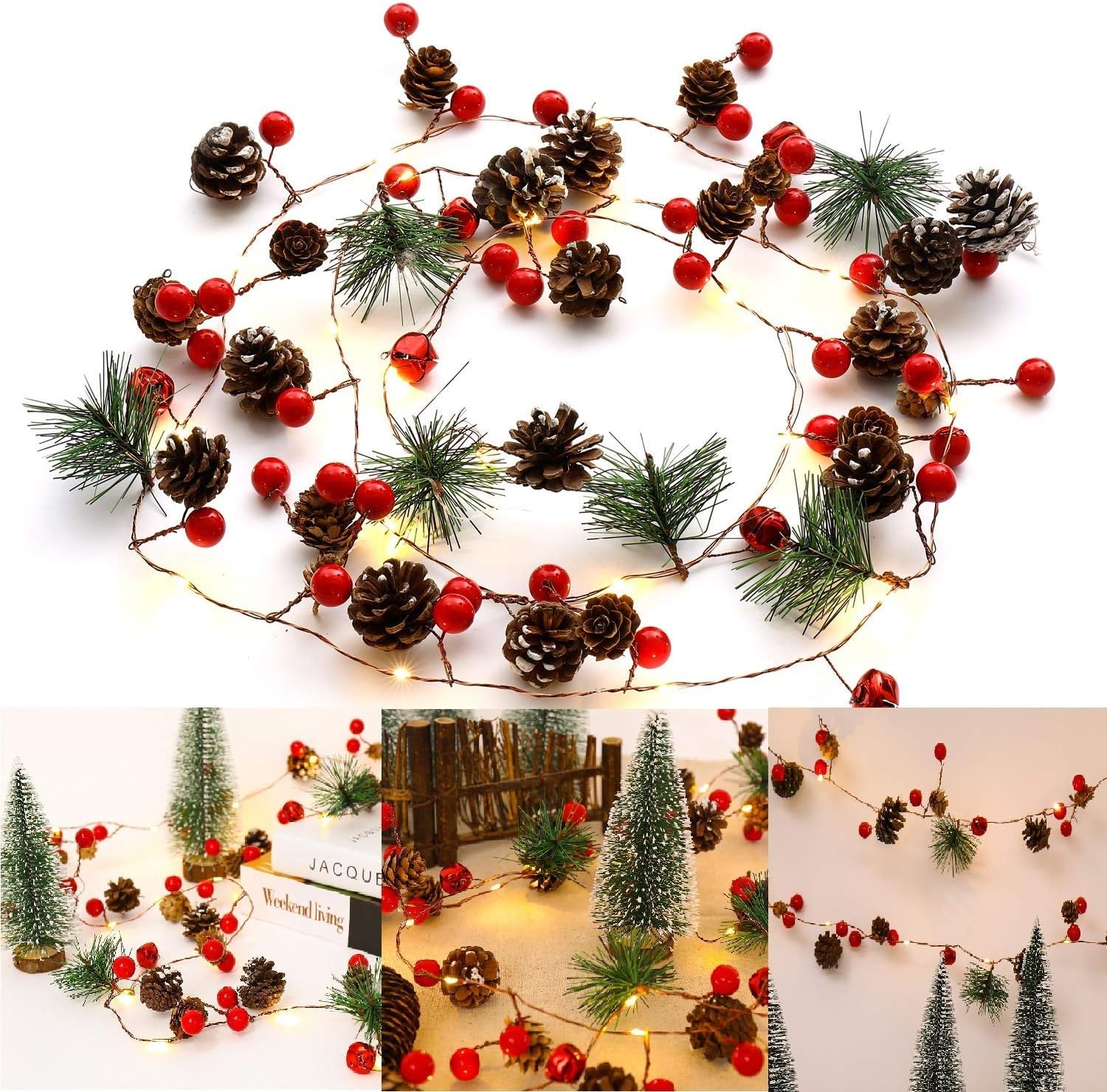 Ocosy Christmas String Light Creative Pinecone Bell Berries Decor Fairy String Light 20 LEDs String Light 6.56ft. Battery Powered (20Led)