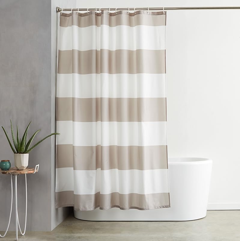 Cortina de duche de tecido resistente à água e ao bolor, com ilhós e ganchos, lavável à máquina, 183 x 183 cm, cor bege às riscas