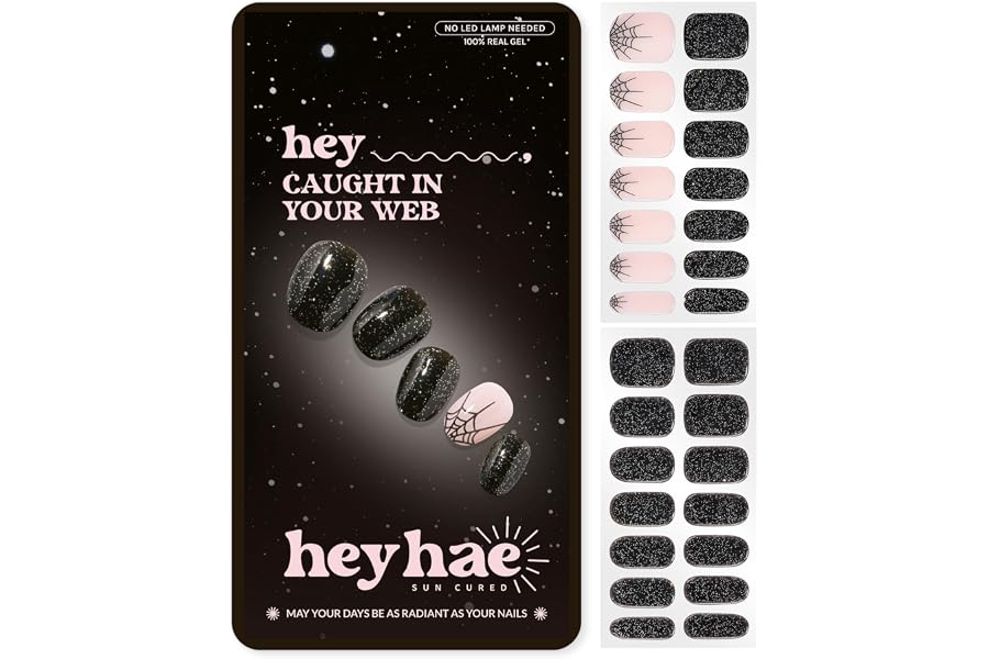 Heyhae Semi Cured Gel Nail Strips - Hey, Caught in your web | Halloween | Sun Cured No UV Light Needed, Salon Quality, Easy Apply & Remove | 28 Strips, Prep Pad, Nail File, Wooden Stick