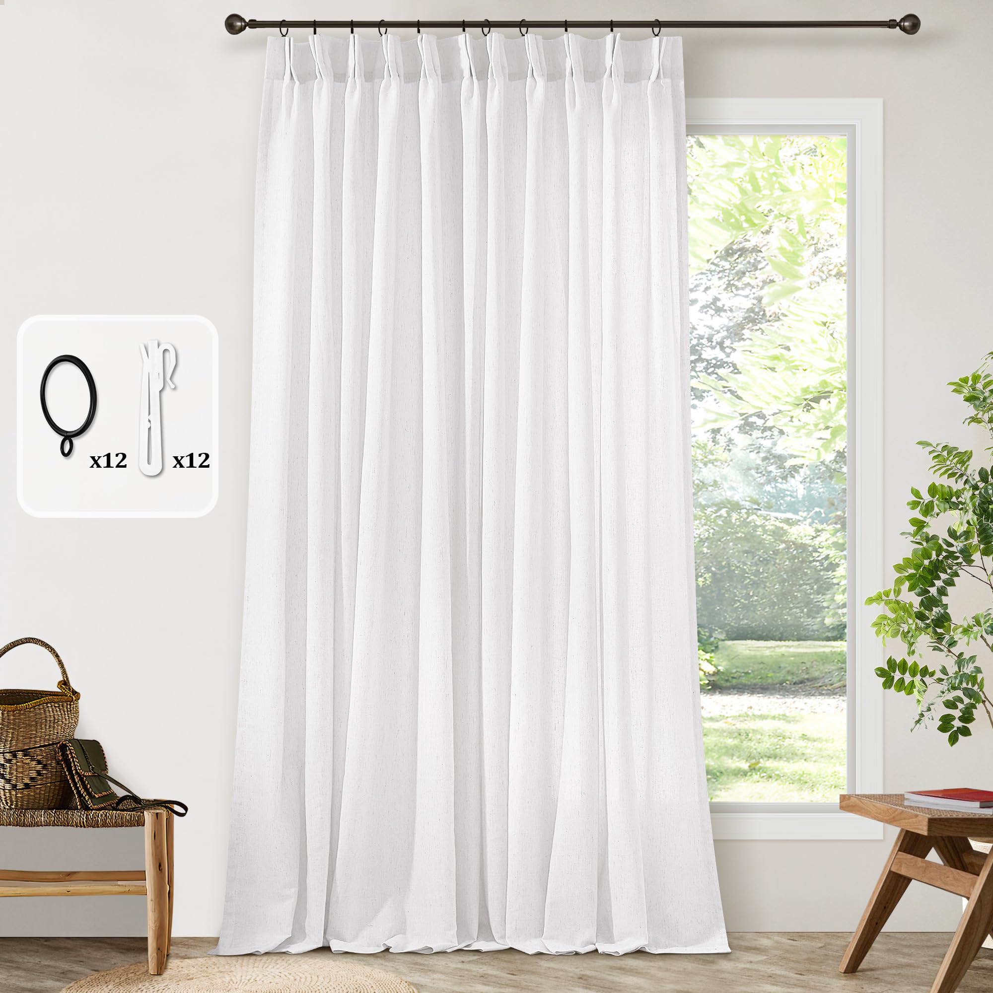 Photo 1 of Pinch Pleated Extra Wide Curtain Panels 90 Inches Long 72 Wide Linen Curtain Drapes for Patio Sliding Glass Door with Hooks Rings Semi Sheer Privacy 90 Inch Length Drapesn for Living Room 72x90