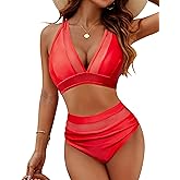 ZAFUL Womens Halter Bikini Set Tummy Control Swimsuit High Waisted Full Coverage V Neck Bathing Suit Sheer Mesh Neon Swimwear