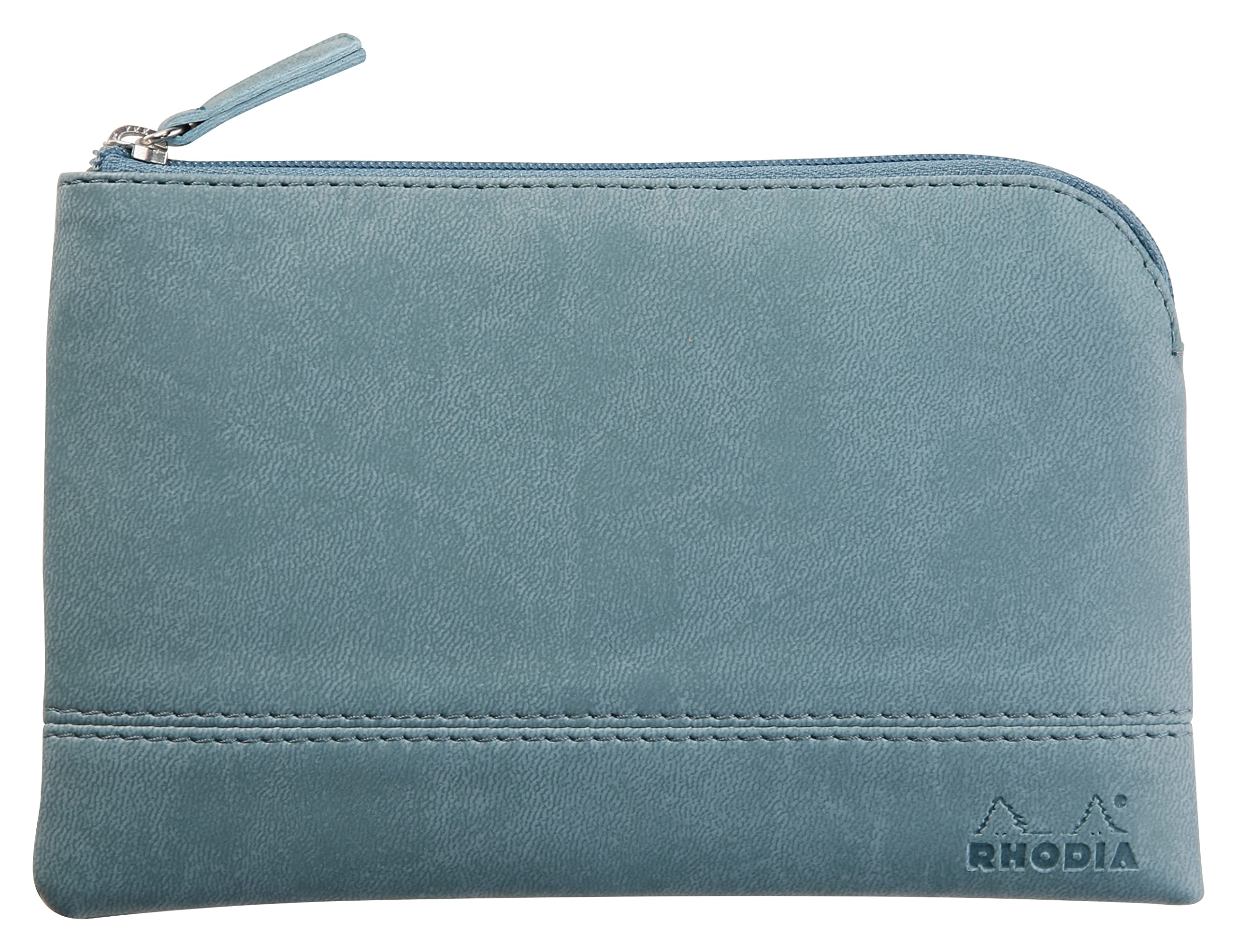 RHODIA 116535C - Faux Leather Zippered Pouch - Aqua - Size S (11 x 17 cm) - Genuine Stitching - Orange Fabric Inside - Storage for Documents, Small Supplies