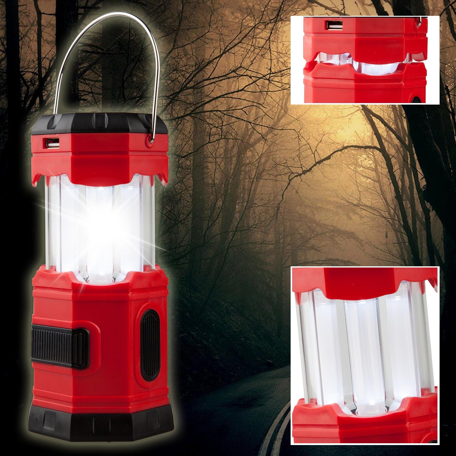 TANSOREN 2 PACK Portable LED Camping Lantern Solar USB Rechargeable or 3 AA Power Supply, Built-in Power Bank Compati Android Charge, Waterproof Collapsible Emergency LED Light with"S" Hook: Home Improvement