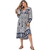 R.Vivimos Women's Long Sleeve Floral Print Retro V Neck Tassel Bohemian Midi Dresses