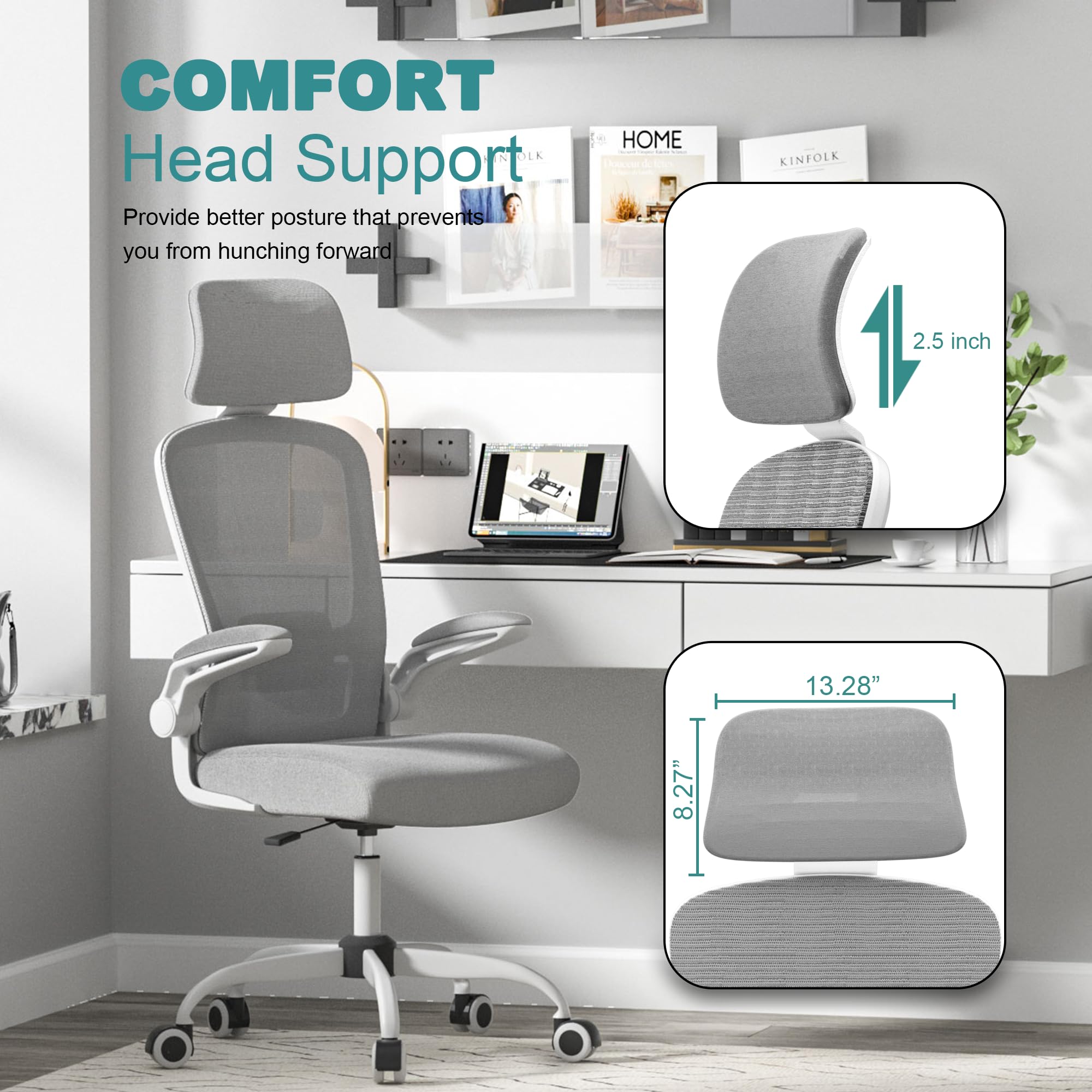 Mimoglad Office Chair, High Back Ergonomic Desk Chair with Adjustable Lumbar Support and Headrest, Swivel Task Chair with flip-up Armrests for Guitar Playing - Image 4