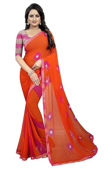 Winza Designer Womens Chiffon Saree with Blouse (ORANGE PINK CHOKDA_ORANGE_PINK)