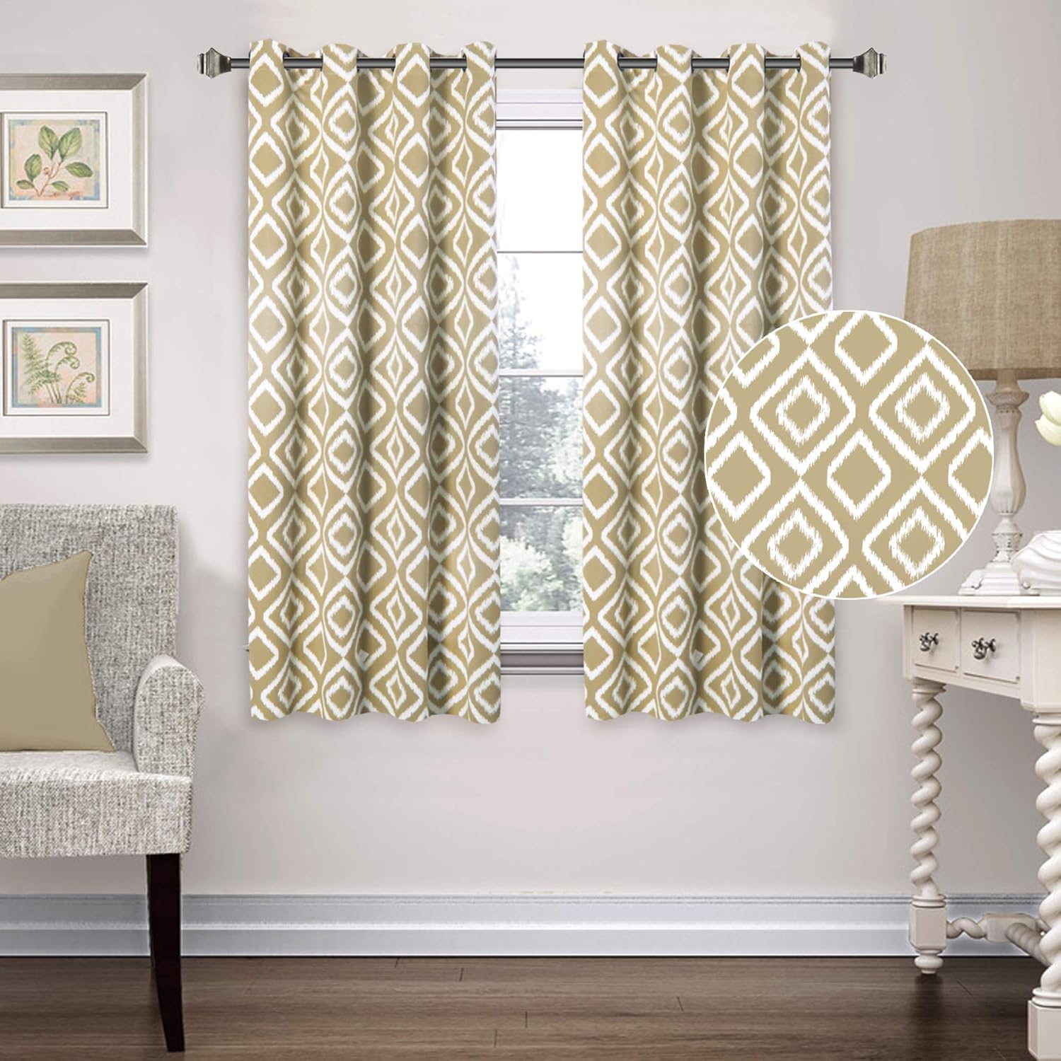 Blackout Curtains 63 inch for Bedroom, Taupe Geometric