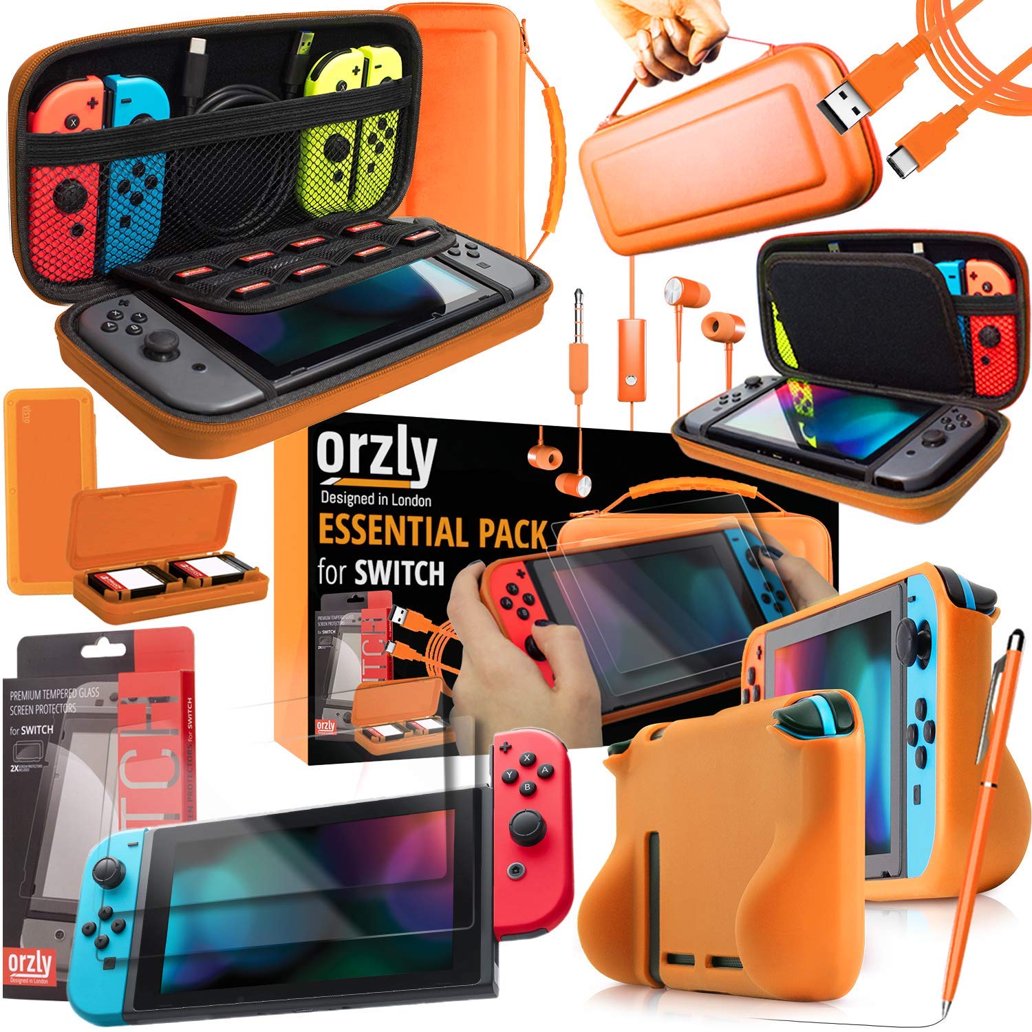 Orzly Switch Accessories Bundle – Carry Case for Nintendo Switch Console, Tempered Glass Screen Protectors, USB Charging Cable, Switch Games Case, Comfort Grip Case & Headphones ORANGE