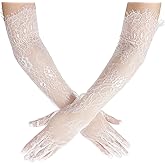 Women's Long Lace Floral Gloves, Elegant Floral Mesh Tulle Sheer Elbow Length Glove Bridal Wedding Glove Opera Party Costume Gloves for Wedding Engagement Cocktail Cosplay Masquerade (White)