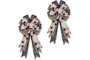 Montekin Large Halloween Bows for Wreath 20x11 Inch, 2 Pack Pre-Tied Spider Burlap Wired Burlap Ribbon Bows, Grey Tree Topper Bow Ornaments for Front Door Indoor Outdoor Decorations