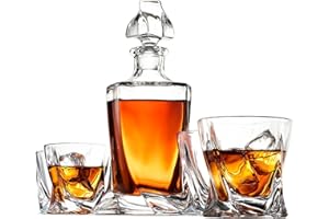 FINEDINE 5-Piece European-Style Whiskey Decanter and Glass Set - With Magnetic Gift Box - Exquisite Quadro Design Liquor Decanter & 4 Whiskey Glasses - Perfect Whiskey Decanter Set for Scotch Alcohol Bourbon