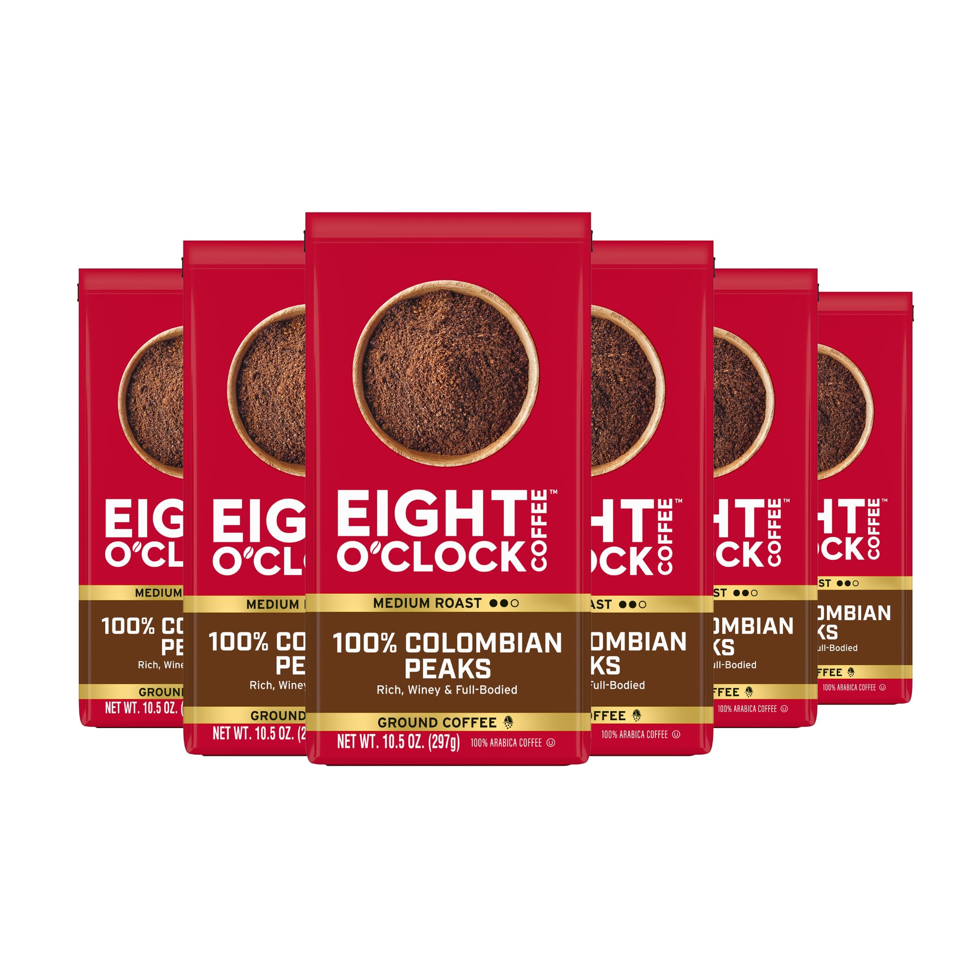 Eight O'Clock Coffee 100% Colombian Peaks & Arabica, Medium Roast Whole Bean Coffee, Rich & Winey, 10 Ounce (Pack of 6) Image