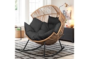 Vongrasig Wicker Rocking Egg Chair PE Rattan with Cushion, Oversized Patio Lounge Rocker Chair for Outdoor, Indoor, Balcony, Backyard, Garden, Black