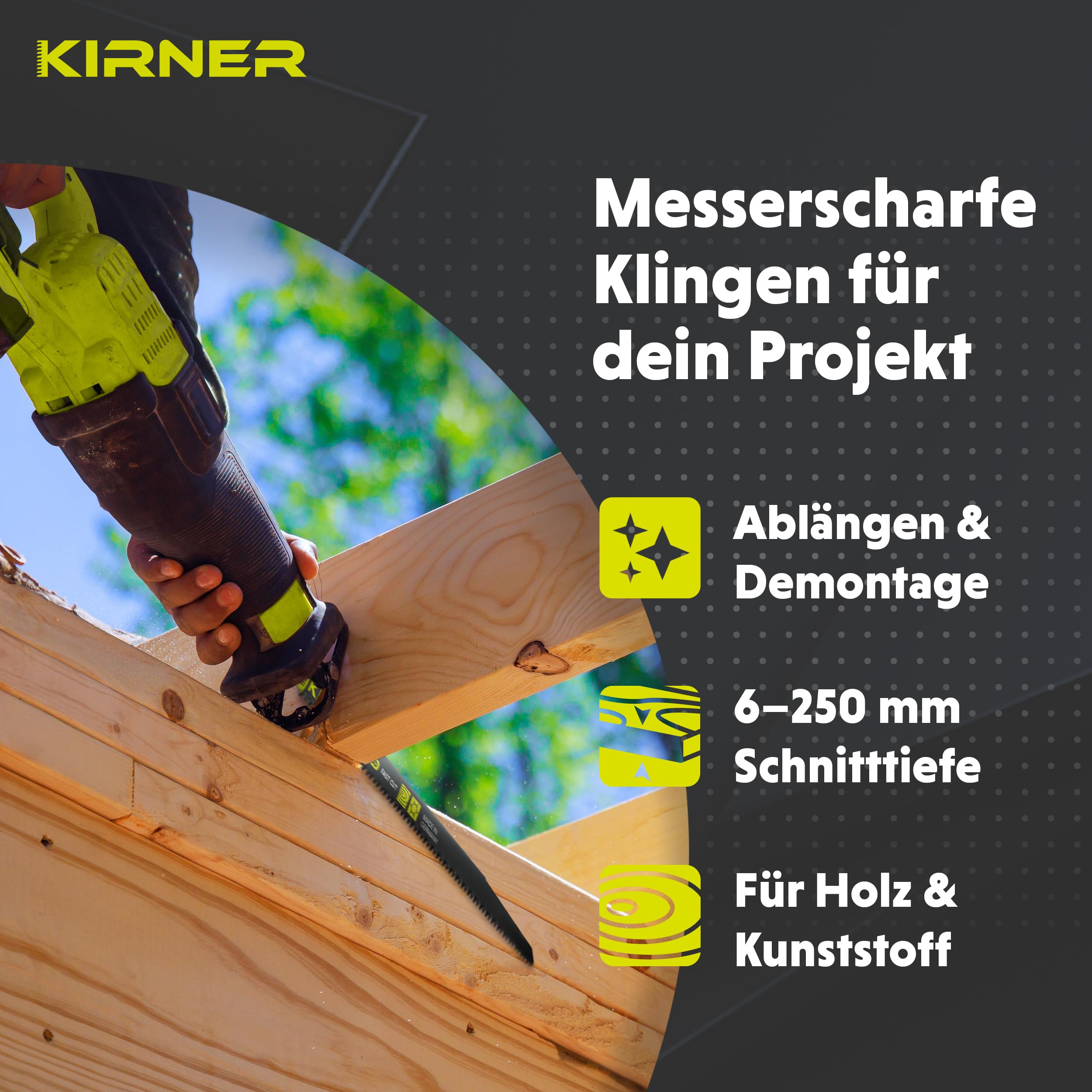 KIRNER Säbelsägeblätter Holz 300mm [ Extrem scharf & Langlebig ] 10er Pack Sägeblätter Säbelsäge inkl. Box - Reciprosägeblätter mit Universalaufnahme für alle Holz und Kunststoff 6-250mm 2